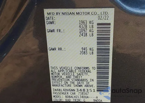 2022 Nissan Altima Sv Fwd из США, поврежденный, VIN 1N4BL4DV6NN348351